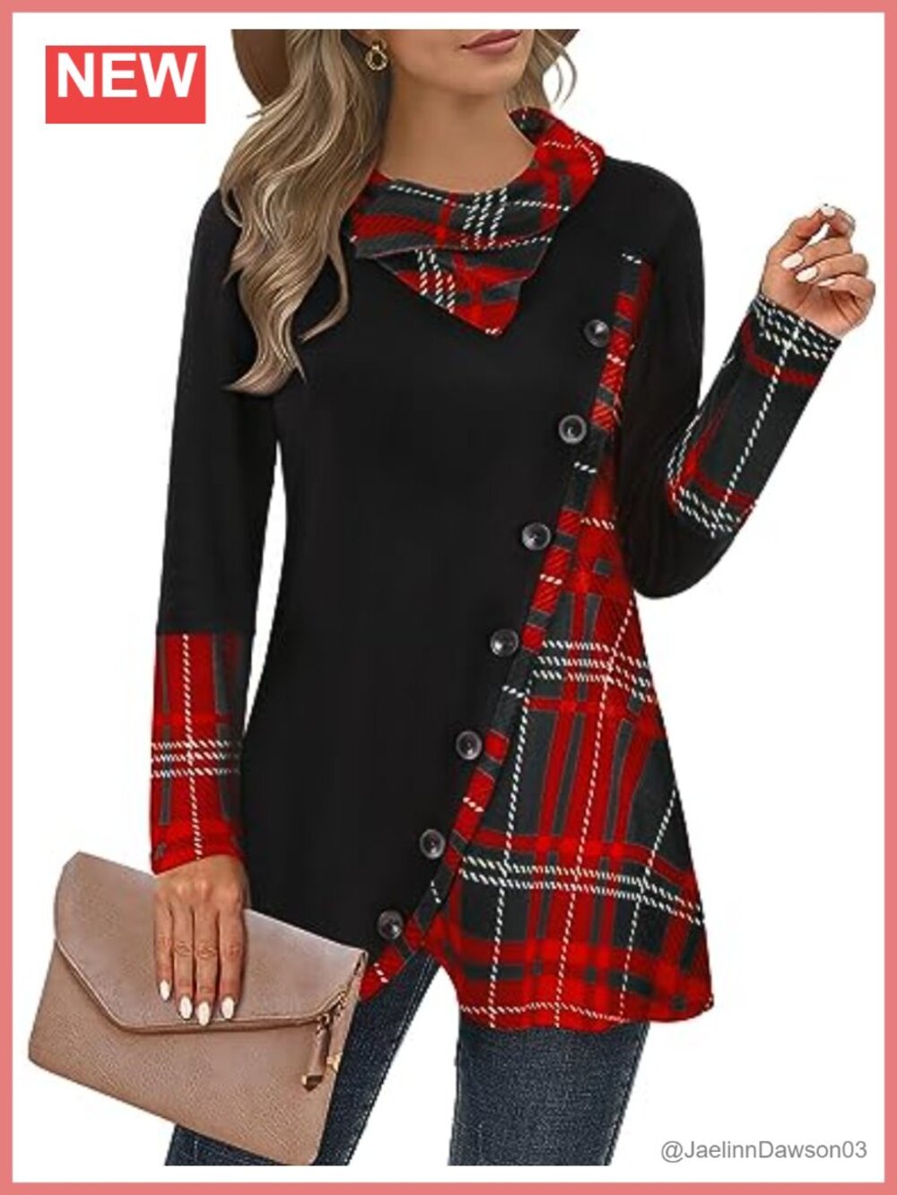 Cowl Neck Plaid Tunic Top Asymmetrical Long Sleeve Blouse